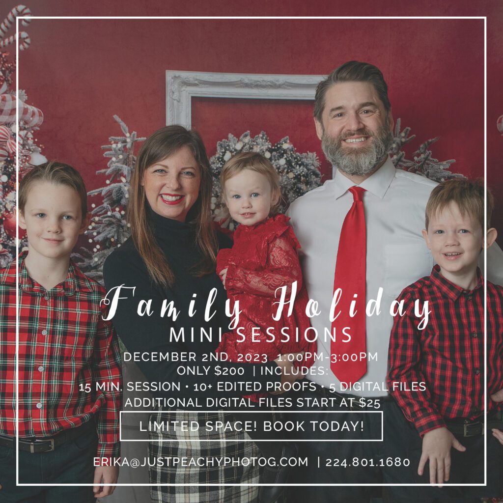 family poses for in studio holiday family photo session with Just Peachy Photography in Palatine, IL 